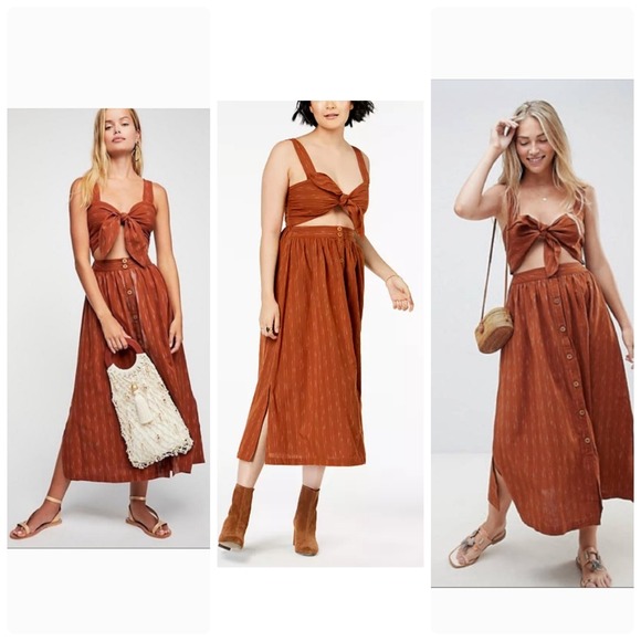 FREE PEOPLE Midi Dress Caldasi Bronze Striped Tie Front Sz XS Cottagecore Casual - Picture 14 of 14